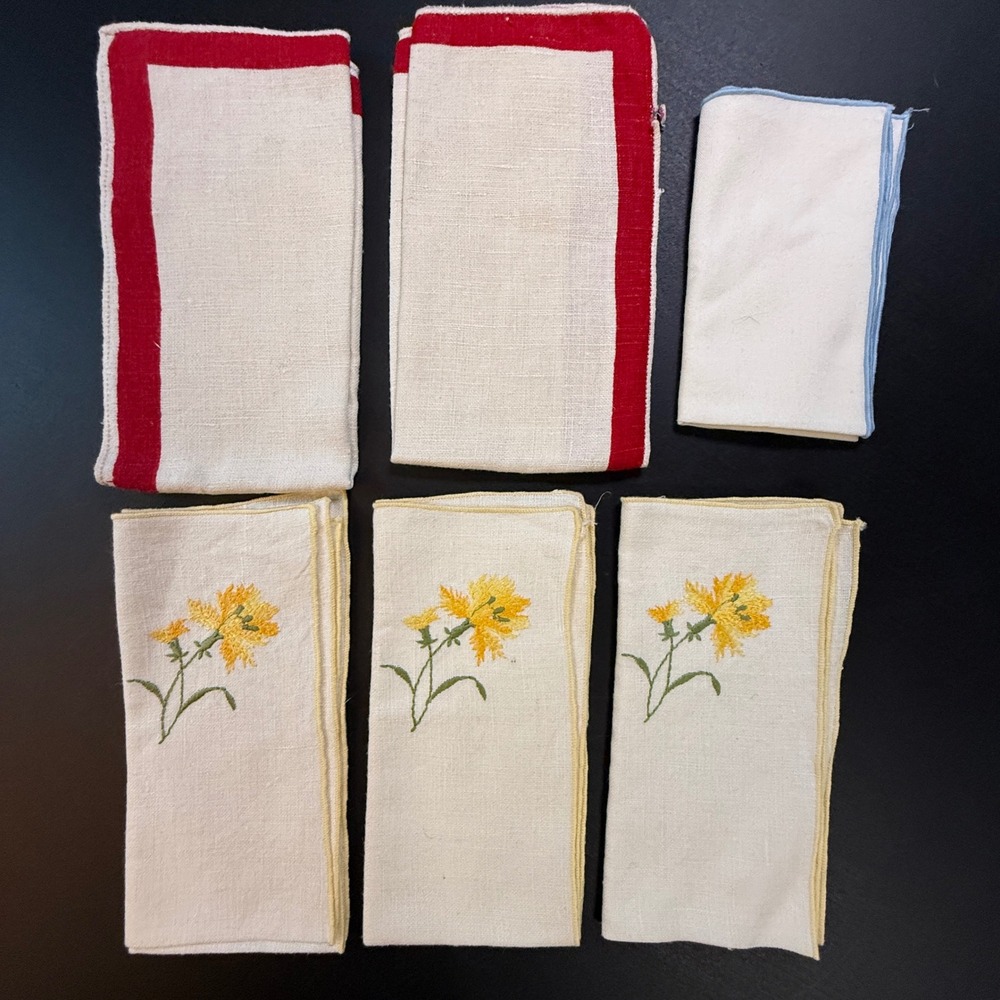 Vintage Mixed Linen Napkin Set White Red Border Yellow Floral Blue Trim 6pc